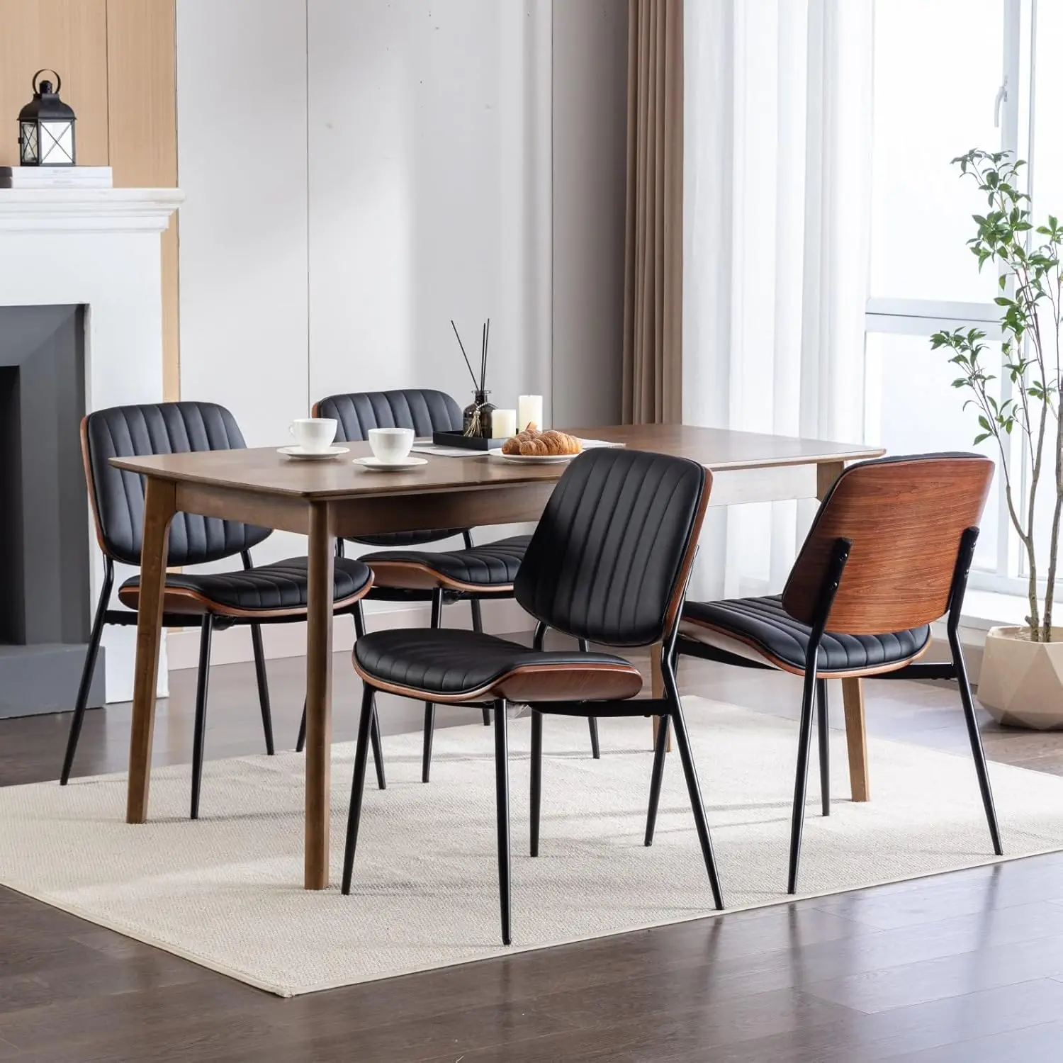 Dining Chair A Set of 4 Mid-century Modern Upholstered PU Leather Chairs Walnut Curved Wood Backrest Dark Black