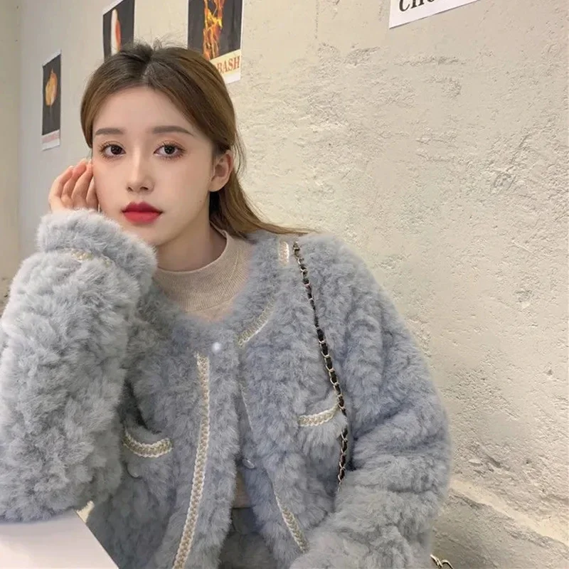 2025 신상 한국산 양털 여성용 램스울 재킷 올매치 루즈핏 퍼 코트 여성 패션 포켓 따뜻한 플러시 코트 스트릿웨어