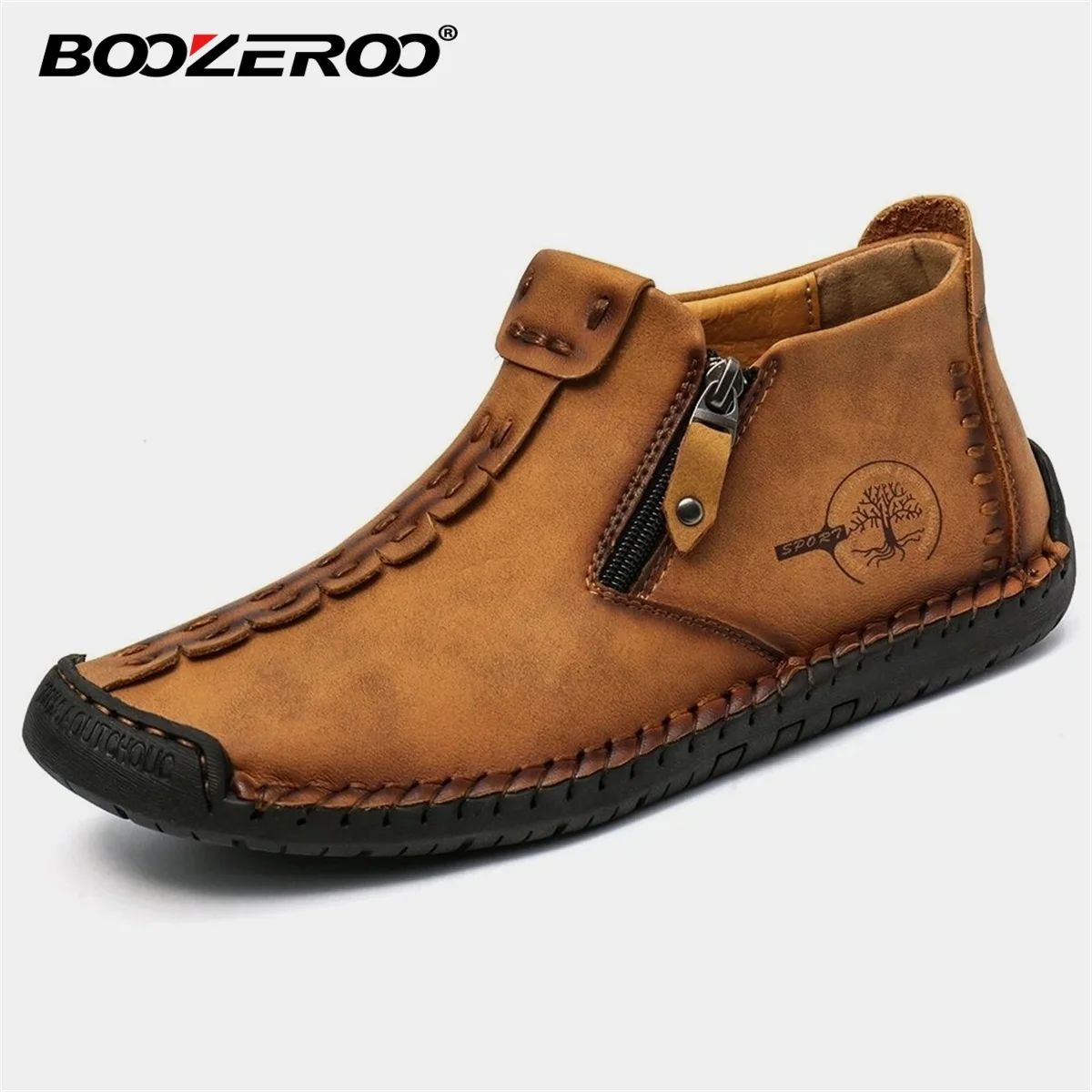 BOOZEROO Fashion Men's Leather Shoes Handmade Soft Breathable Driving Flats Casual Zipper Boots