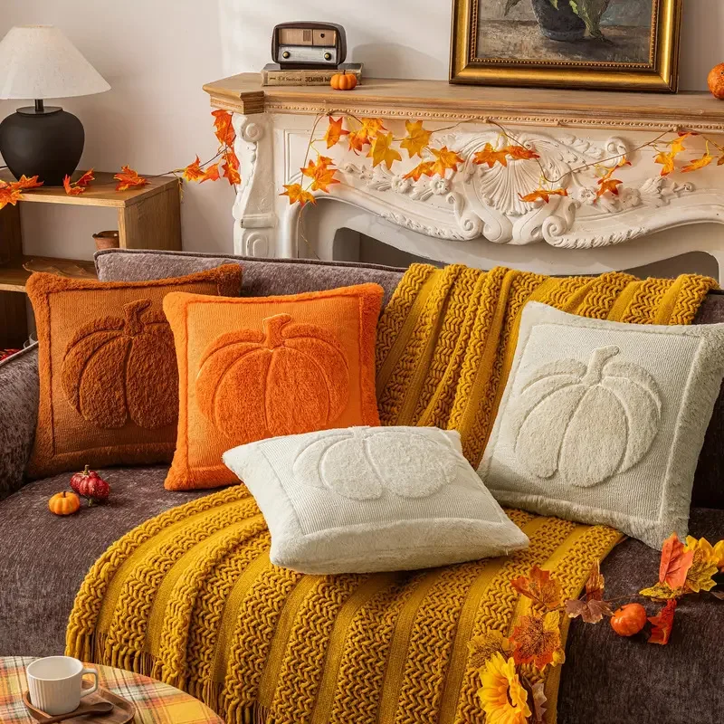 

45x45cm Autumn Halloween Thanksgiving Pumpkin Pillowcase Quilted Embroidery Living Room Bedroom Sofa Soft Pillowcase Mom Gifts