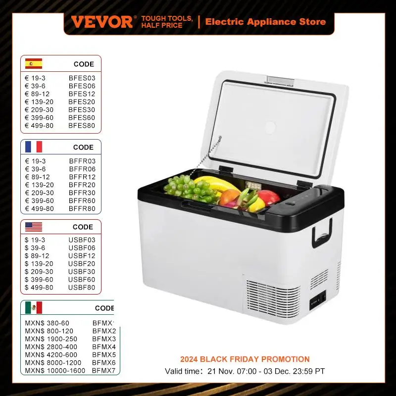 VEVOR 25L Car Refrigerator Mini Fridge Freezer Portable Compressor Cooler 12/24V DC 110-240V Ice Box for Driving Camping Picnic