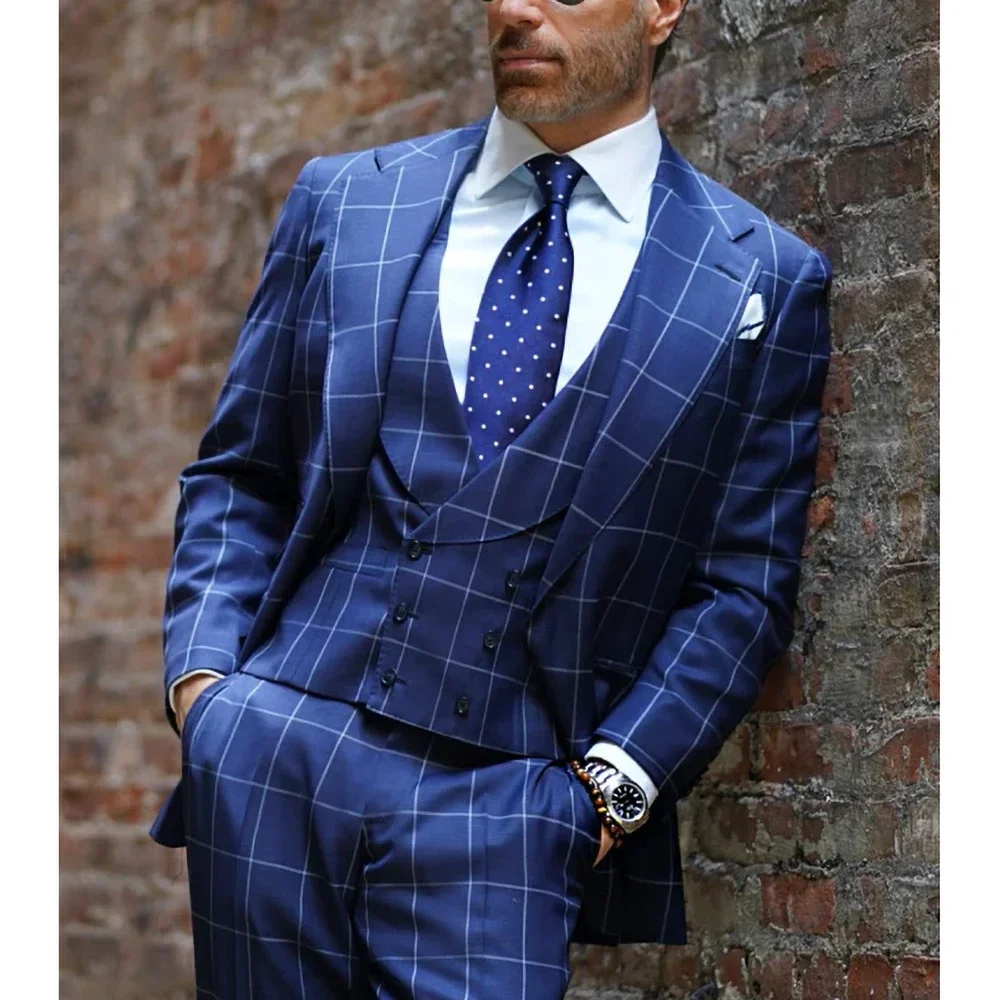 Chic Plaid Men Suits 3 Piece Fashion Notch Lapel Single Breasted Male Clothing Business Casual Office Daily Formal Male Suit