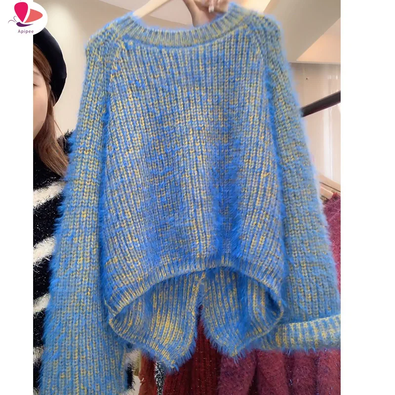 

APIPEE Mohair Sweater Women Solid Blue O-neck Pullover 2024 New Kpop Jumper Knitted Top Harajuku Split Loose Chic Sweaters