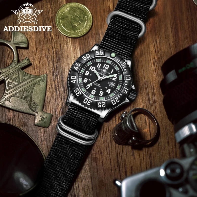 Addies Dive Men Fashion Sports Watch Calendar Display 50m Waterproof Luminous Tube Watch Black Dial Rotating Bezel Quartz Watch