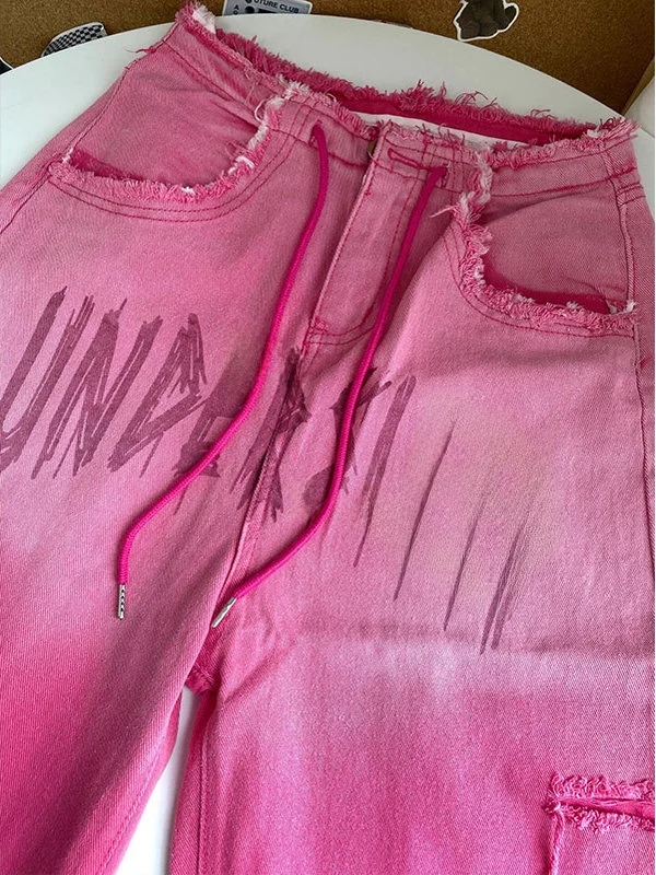 Retro adient Pink Hole Fringe Wide Leg Jeans Women Summer ket Tassel Straight Long Pants High Waist Zipper Casual Denim