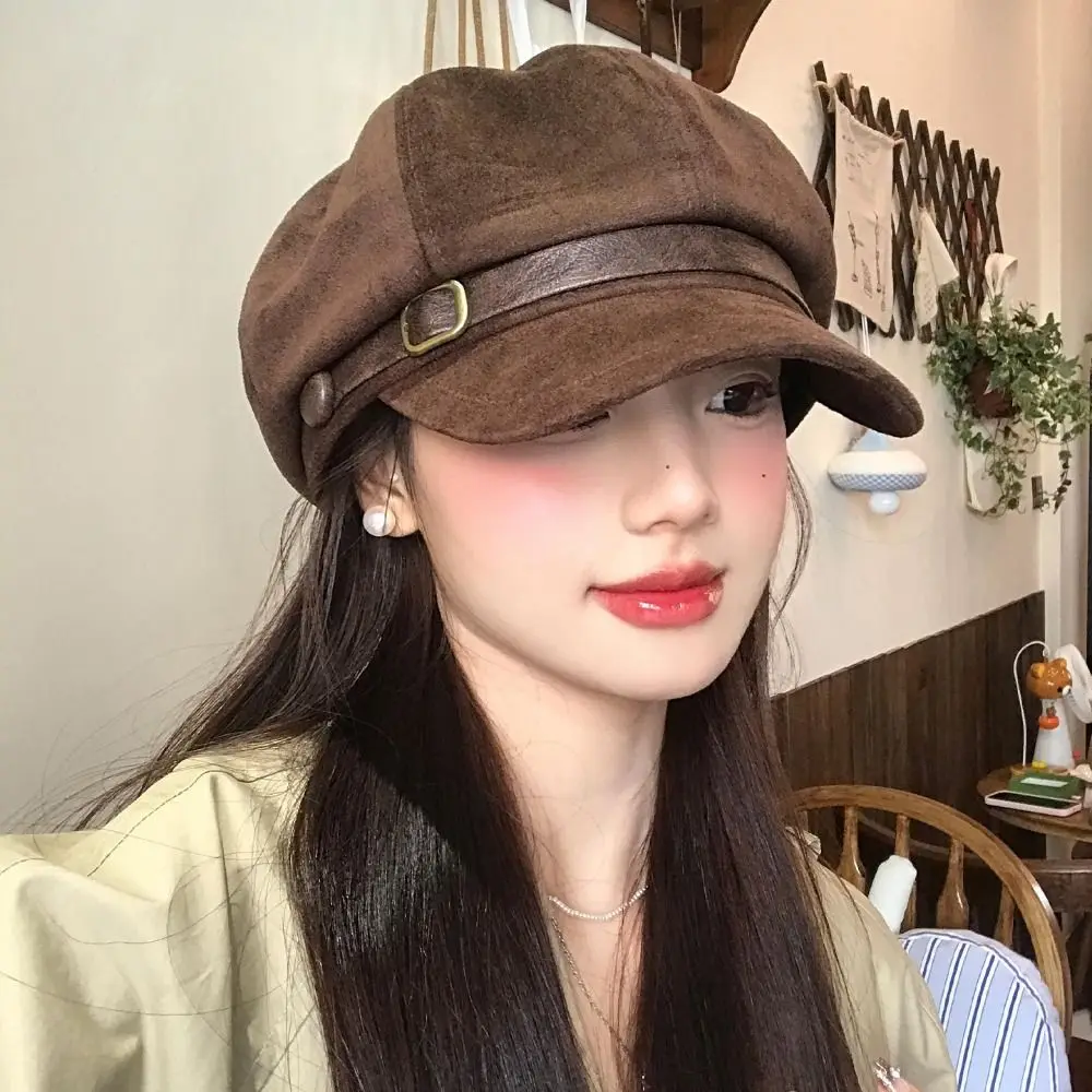Fashion British Style Pu Leather Beret Belt Buckle Retro Suede Octagonal Hat Artist Hat Brown Painter Hat Girl
