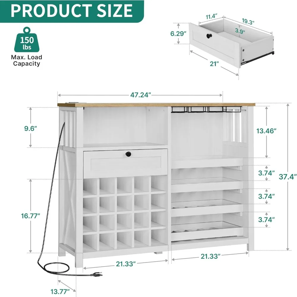 전원 콘센트가 있는 LED 와인 바 캐비닛, 수납 선반이 있는 커피 스테이션, 다이닝룸용 독립형 주방 뷔페