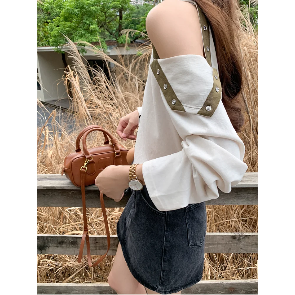 Long Sleeved T Shirts Aesthetic Womens Spring Layered Pleat Crew Neck Button Down Ruffle College Uniform Versatile Delicate Tees