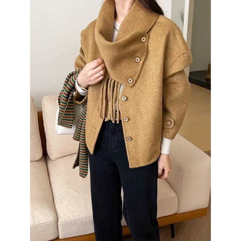 

Scarf V-neck Double-sided Woolen Jacket Women Fashion Simple Korea Chic Long-sleeved Warm Khaki Loose Casual Woolen Coat Woman