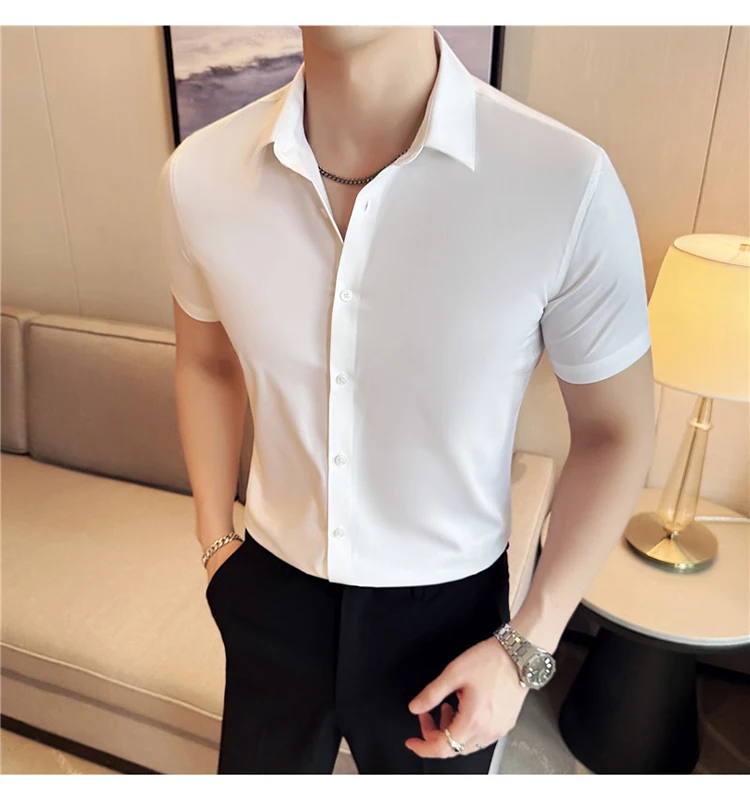 

Мягкая летняя рубашка с коротким рукавом, мужская роскошная дизайнерская бесшовная облегающая мужская рубашка из бамбукового волокна, деловая повседневная рубашка белого цвета