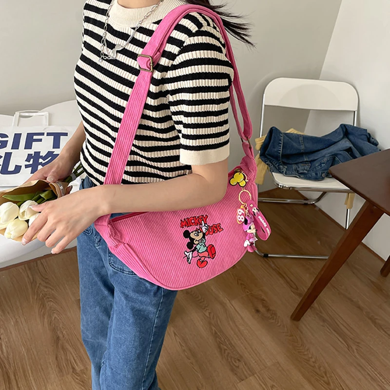 MINISO Cartoon Mickey Donald Duck Bag Retro Corduroy Crossbody Bag Single Shoulder Bag Underarm Bag (excluding pendants)