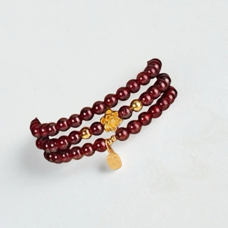 Chinese Style Garnet Triple Wrap Bracelet with 999 Fine Silver Lucky Lotus Zodiac Blessing Pendant Unique Design Gifts