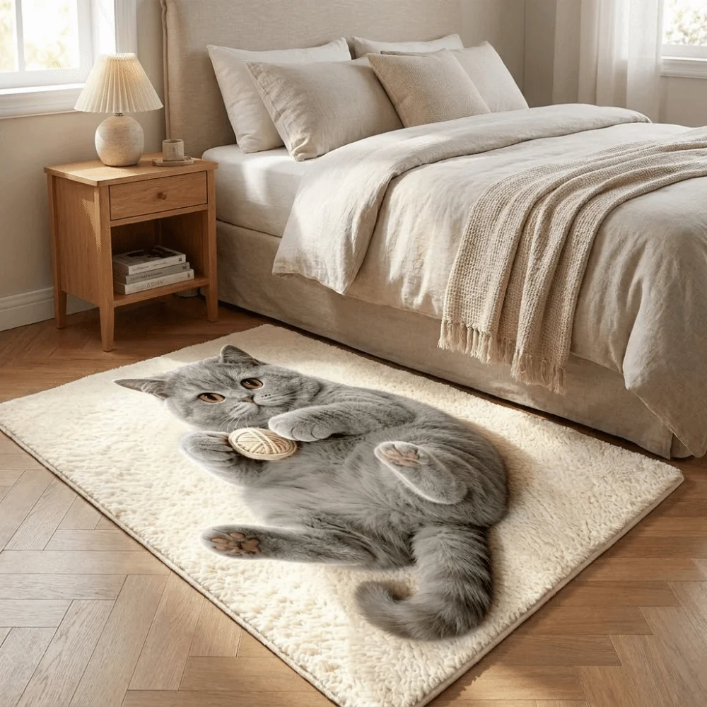 Cute 2D Cat Area Rug Pashmina Anti-fouling Home Decor Carpet Easy to Clean Non-Slip Cartoon Carpet Bedrooms