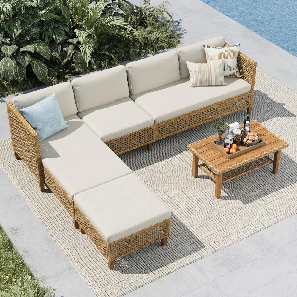 

Wicker Patio Furniture Set, Rattan Outdoor Couch Sectional Sofa, 5 Pieces Patio Conversation Set with Acacia Wood, Customized