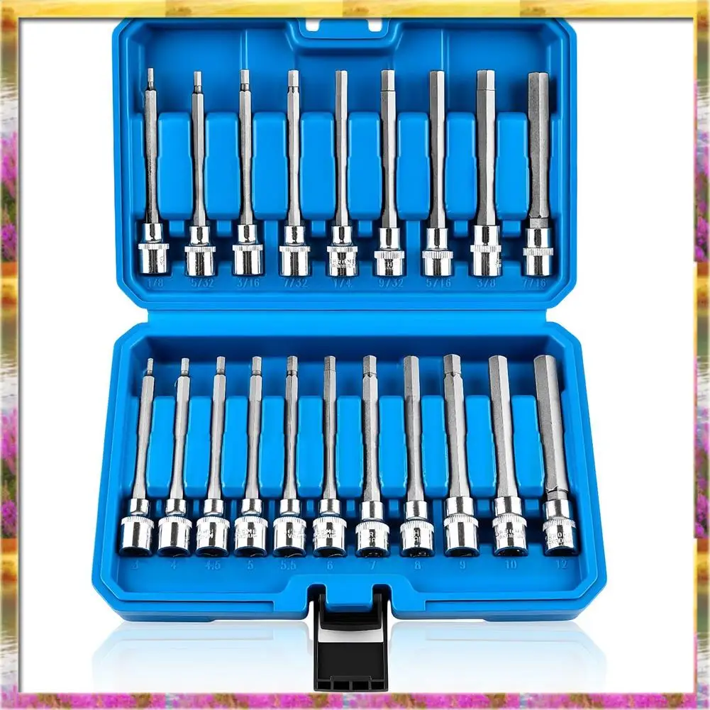 Professional SAE& Metric 20PCS Extra-Long Allen Hex Bit Socket Set, 3/8 Inch Drive Sockets 1/8
