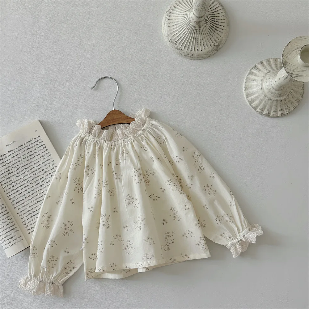 Baby Clothing Pleated Lace Collar Princess Sweet Shirt 2024 Spring and Autumn New Fashion Girl Baby Printing Long Sleeved Blouse