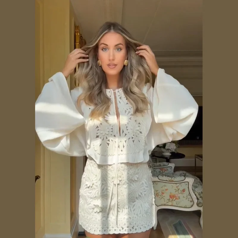 

Summer Casual Hollow Out Appliques Tops Skrit Sets O-neck Long Sleeve Lace Up Blouses Mini Skirt 2025 New Lady Outfits 2 Pieces