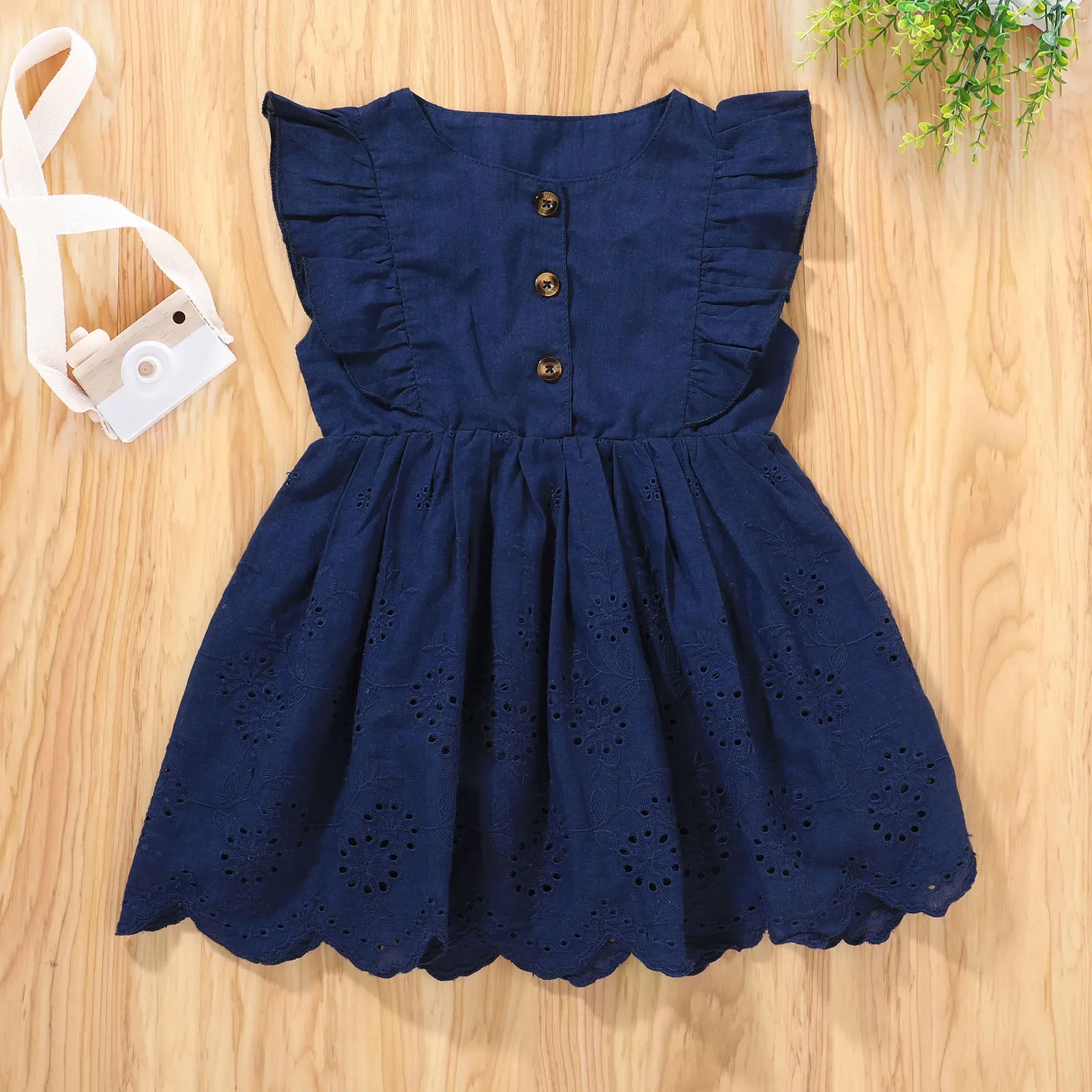 Baby Summer Sundress, Solid Color O-Neck Sleeveless Flounce Jumper Skirt with Buttons for Toddler Girls, Dark Blue