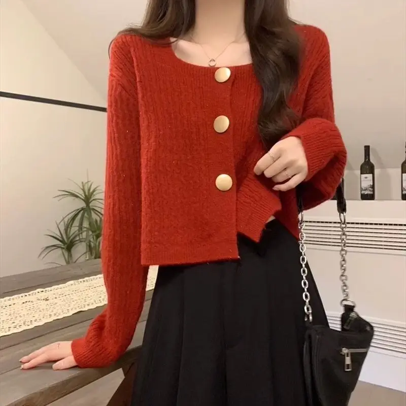 

High Waist Knitted Open Cardigan Square Collar ort Length Outerwear Women's Faion Early Autumn Dopane oulder Top