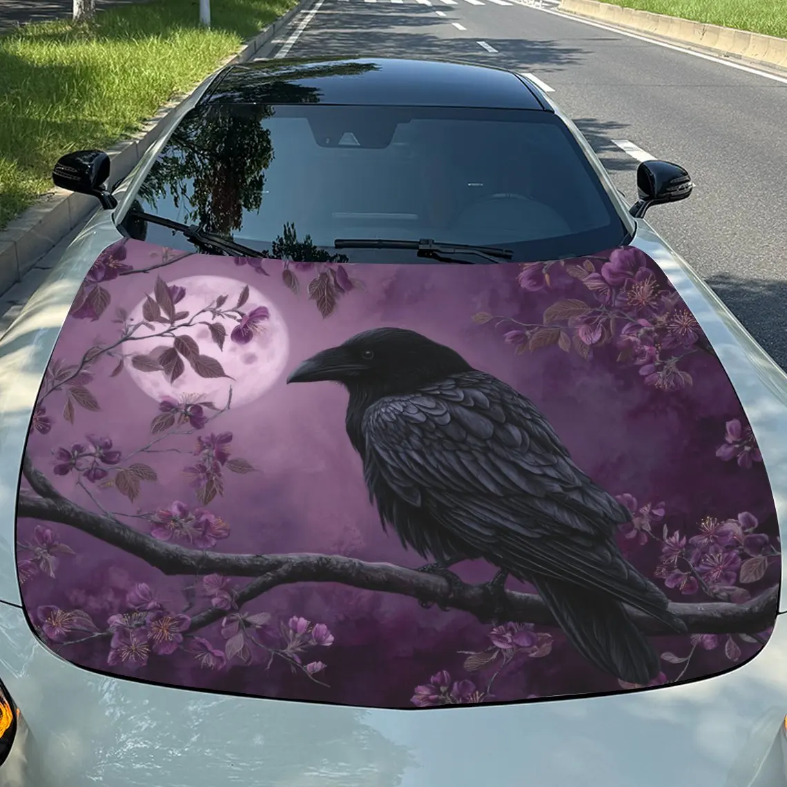 

Car Decals Raven & Blossom Branch Design, with a raven on a purple-blossom branch and a moon, exuding mystery and artistry Car H
