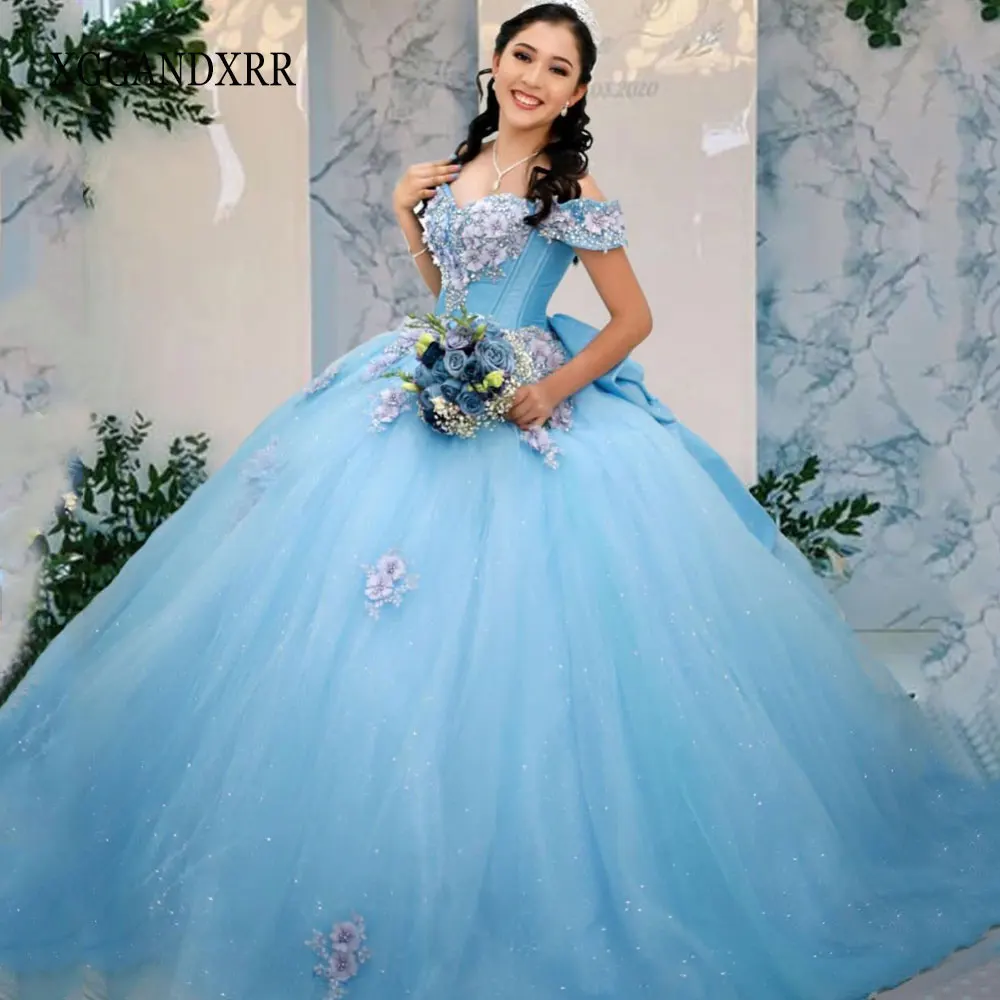 

Amazing Sky Blue Quinceanrea Dresses 2024 Sweetheart Off Shoulder Applique Prom Dress Sweet16 Dress Princess Pageant Ball Gowns