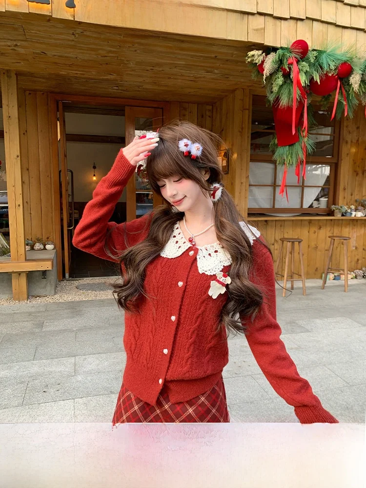 

Sweet Girl Style Red Knitted Sweater Women's New Year's Outfit Turn-down Collar Open Cardigan Top Fabric Pig Weaving