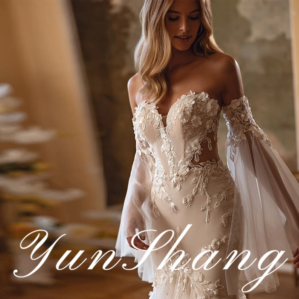YunShang Customized Lace Mermaid Wedding Dress Bridal Gown Collection with Spaghetti Straps, Off-Shoulder, Open Back, Train