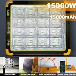 Luz LED recargable superbrillante de 15000W, linterna portátil con carga de energía Solar, para acampar, tienda de campaña