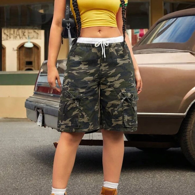 Women Shorts 2025 Summer New Fashion Loose Casual Camouflage Pocket Drawstring Half Pants Y2K Wide Leg Casual Shorts Streetwear