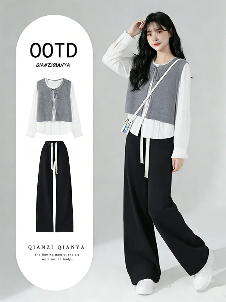 

Spring Summer Casual Korean Style Women's Set Slimming Wide Leg Pants Two Piece Suit Cover up Shirt High Waist Long Sleeve