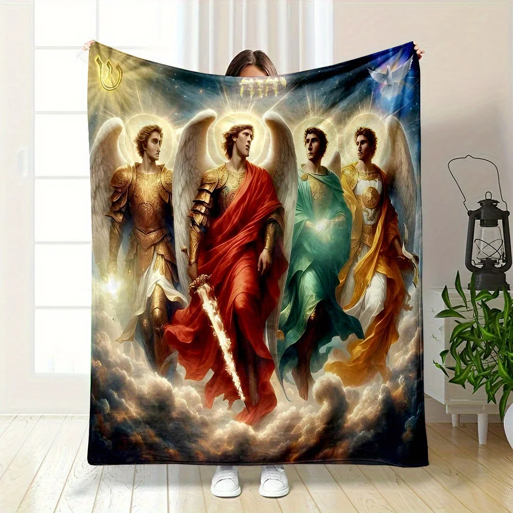 Heavy-Duty All-Season Flannel Blanket - Four Archangel Design Thickened Soft Velvet-like Throw for Bed, Sofa, Camping, Travel