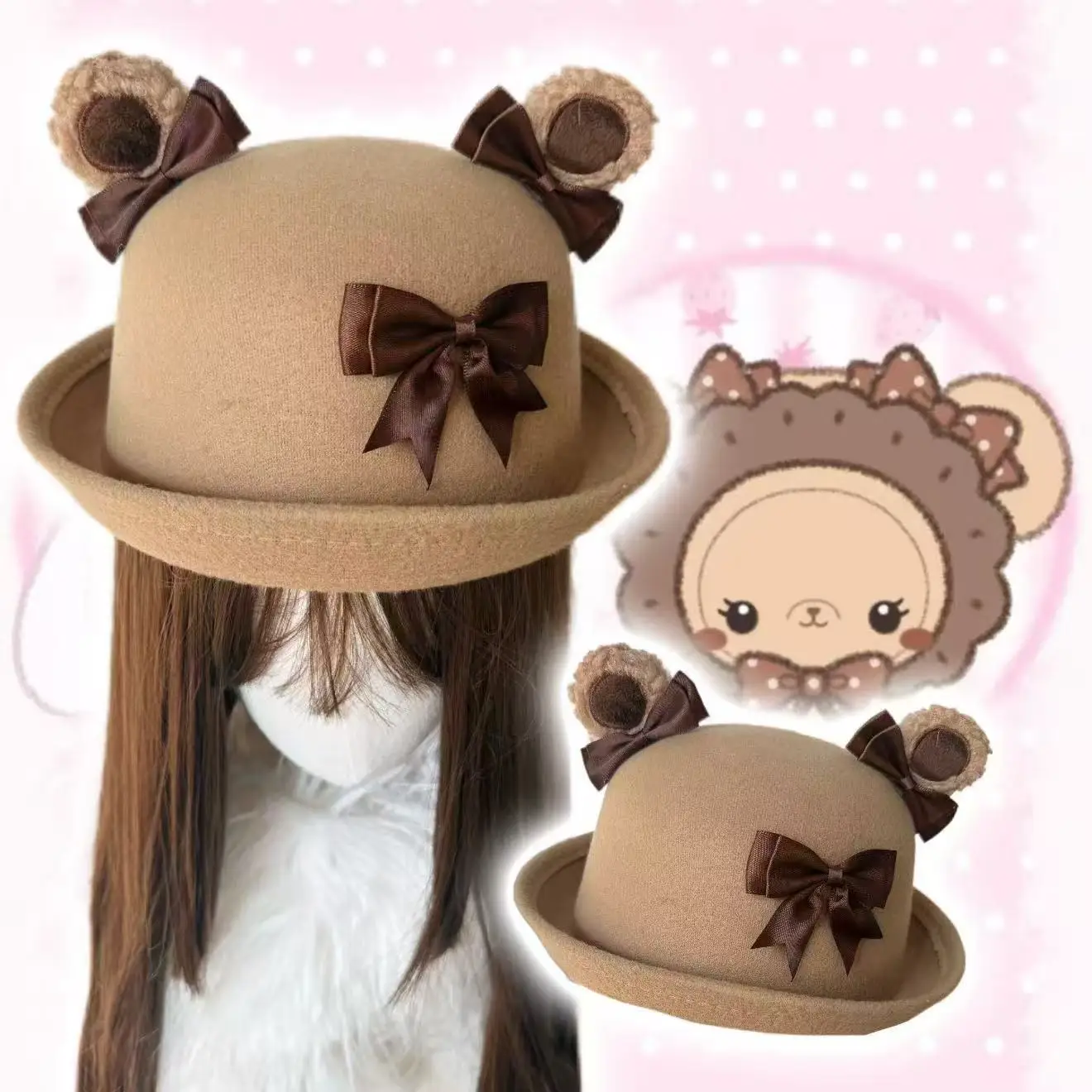 かわいいクマの耳ラウンドシルクハットチョコレートカラーロリータガールキャップリボン付き冬幼児帽子居心地の良い女性帽子ヘアアクセサリー