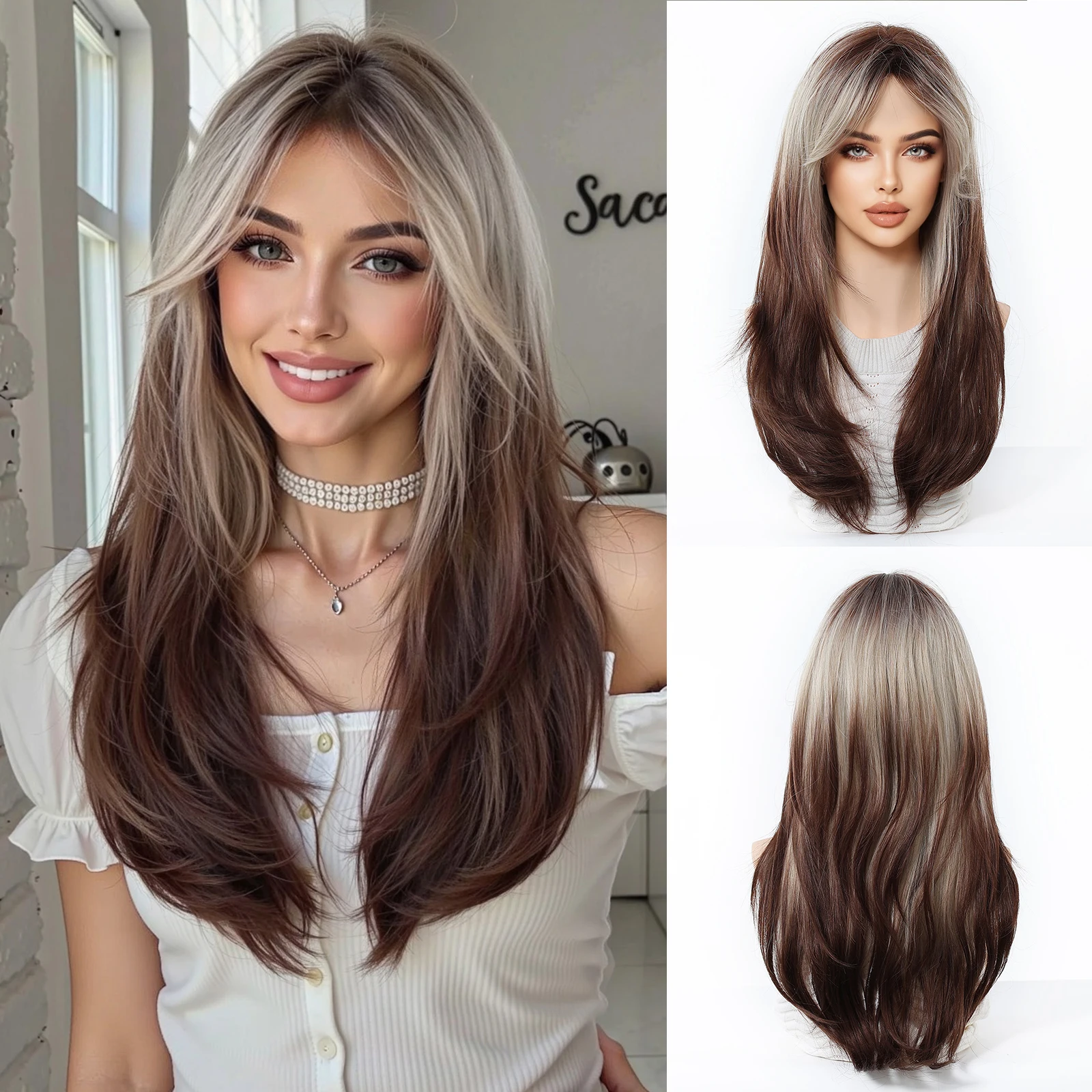 

Длинные прямые многослойные парики Ombre Blonde Смешанный коричневый парик для женщин Синтетические волосы с челкой средней части Ежедневное использование Термостойкий