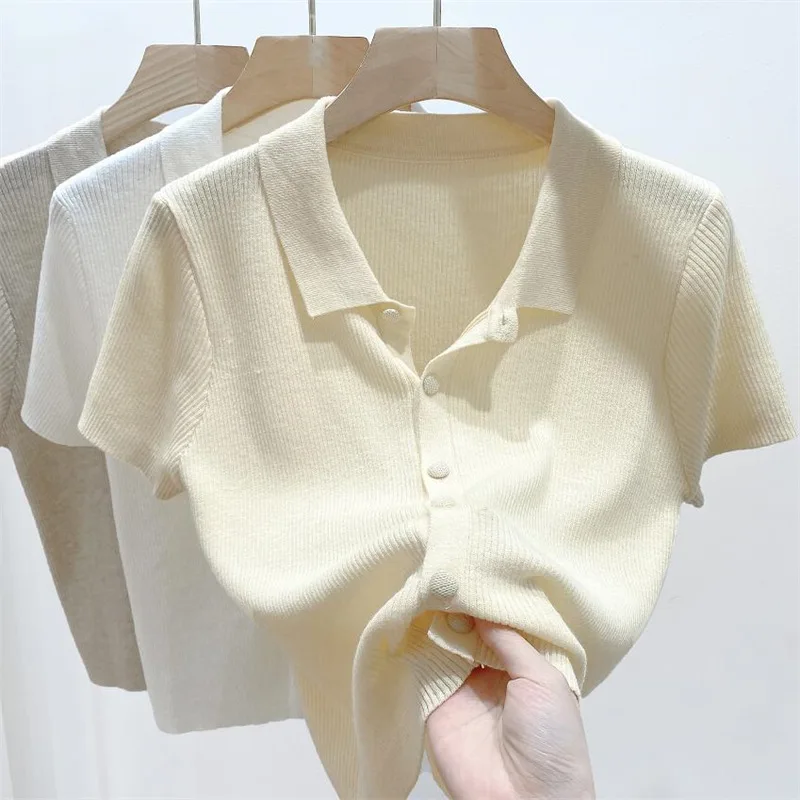 Korean Fashion 3 Colors Short-sleeve Shirts Women Leisure Summer Basic Solid Elegant Streetwear Daily All-match Simple Knit Tops