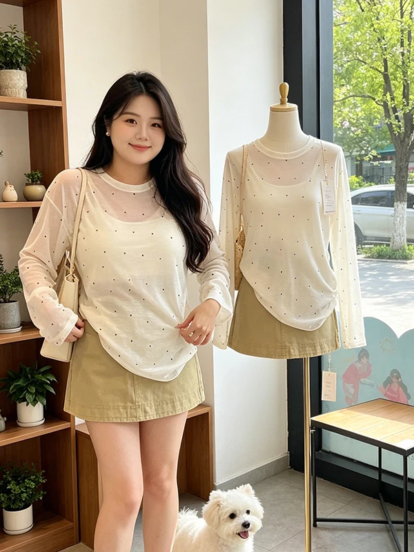 

plus Size Summer Slimming Sun Protection Long Sleeve Polka Dot T-Shirt Cover up A-Line Skirt Set Women's Fashion Outfit