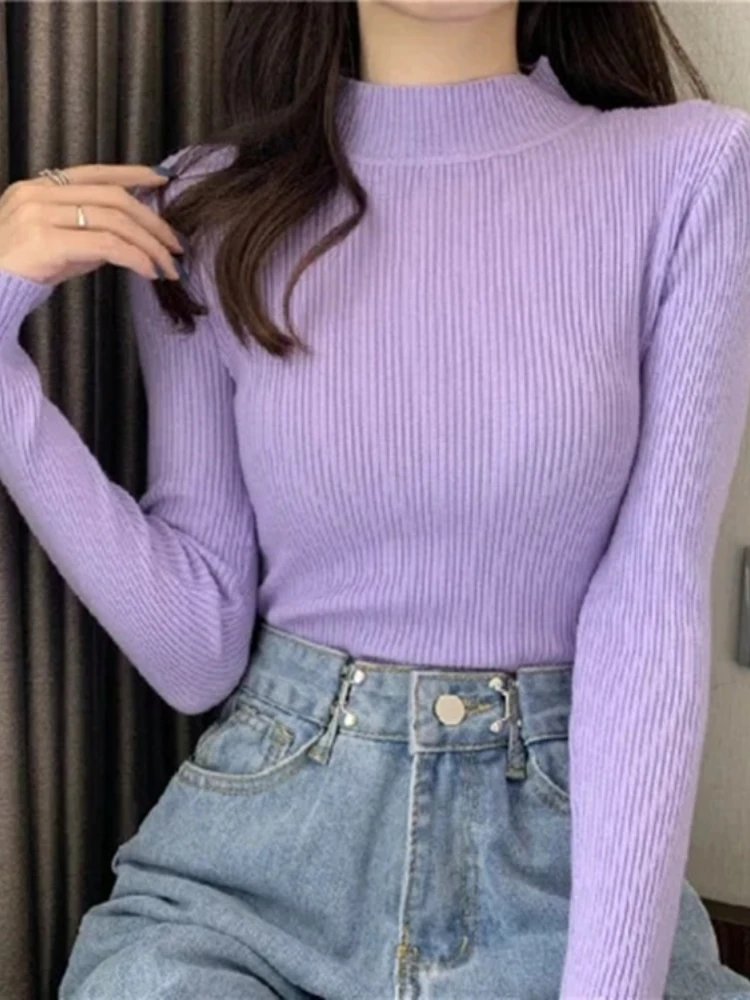 Herbst Winter Mock Neck Frauen Pullover Vintage Grundlegende Solide Strick Tops Beiläufige Dünne Pullover Koreanische Pullover Einfache Chic Jumper