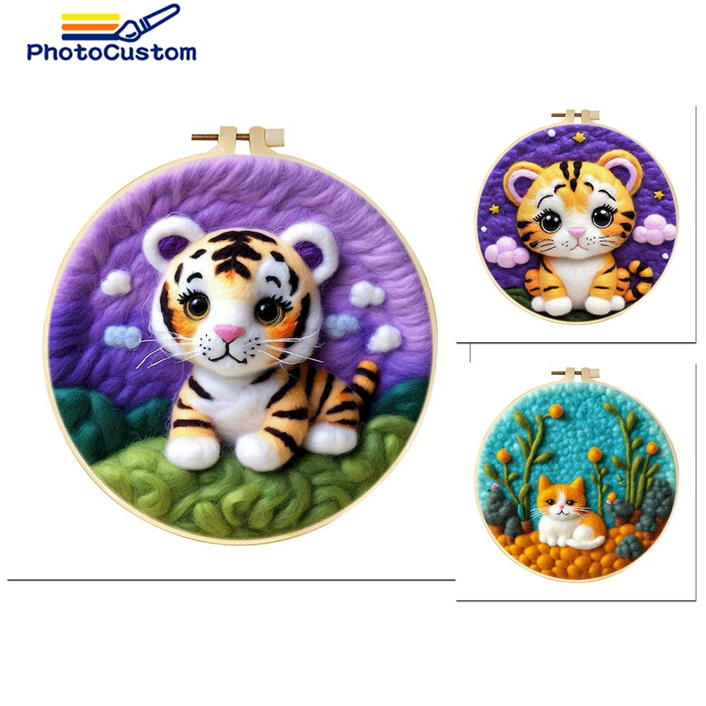 PhotoCustom 20x20cm Wool Felt Kit With Frame Felting Needles Aniamls Tiger Wool Felt Tool DIY Handwork Wool Felting Paintings