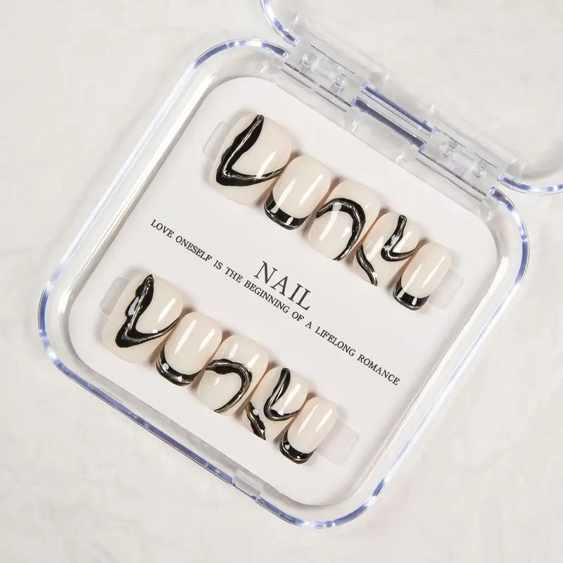Off‑White Abstract Black Line Press On Nails,Minimal Cool Short Square False Nails,Trendy Removable Reusable Popular Manicure Na