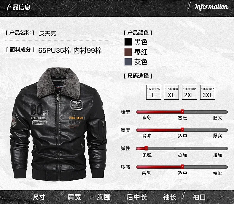 Men\'s Winter Leather Jacket Windproof Fashionable Motorcycle PU Jacket Coat Faux Leather Pockets Outwear Fleece Thick Warm Parka