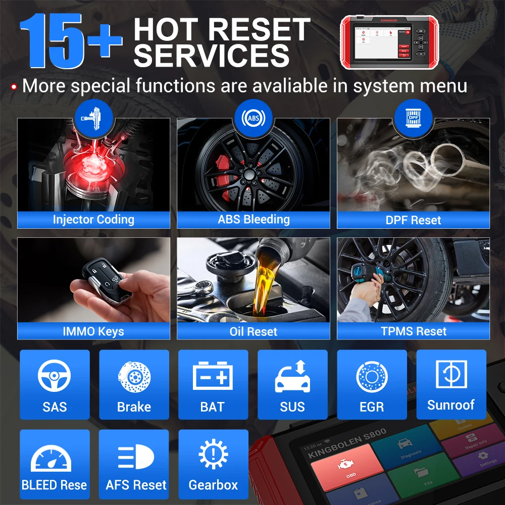 KINGBOLEN S800 5 Inch Car Diagnostic Tool ABS SRS ECM TCM 4 Systems 15 Resets IMMO DPF Adblue Lifetime Free  Update