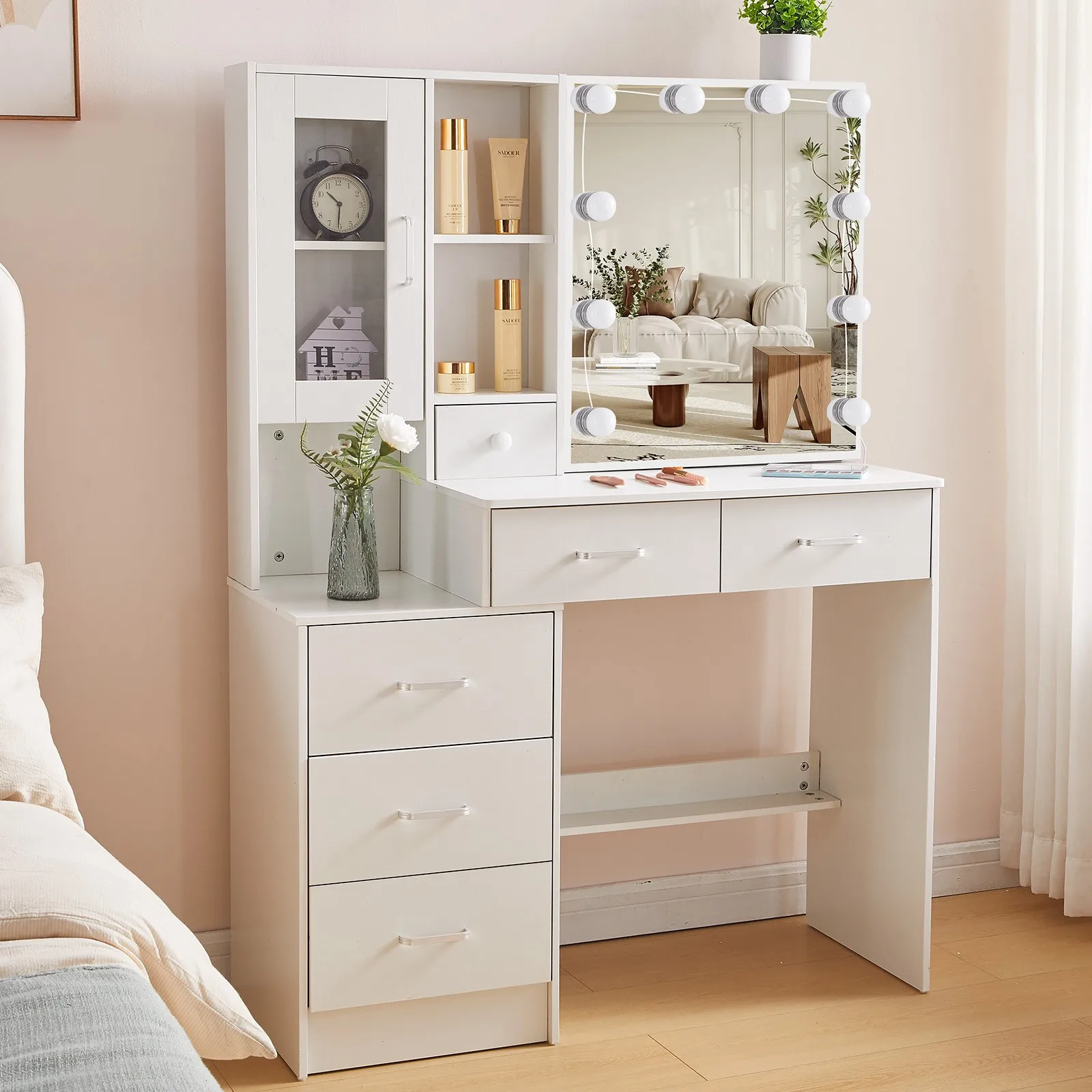 Tocador de maquillaje Escritorio de tocador moderno con 5 cajones y luces LED para maquillaje y tocador