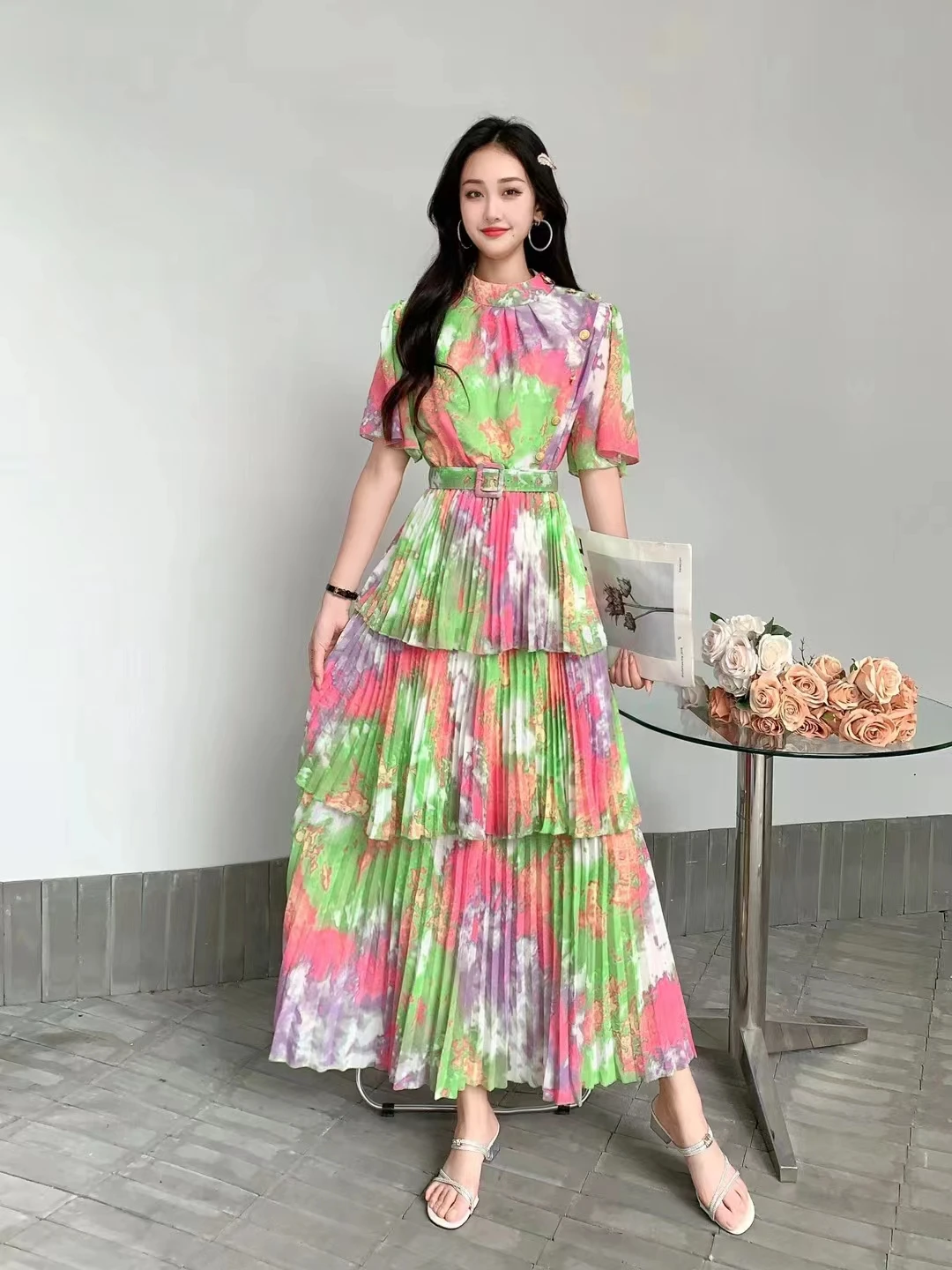 

New Summer Women Short Sleeve Belt Slim Long Dress Fashion Colorful Tie Dye Sweet Three-layer Pleated Cake Hem Chiffon Dress