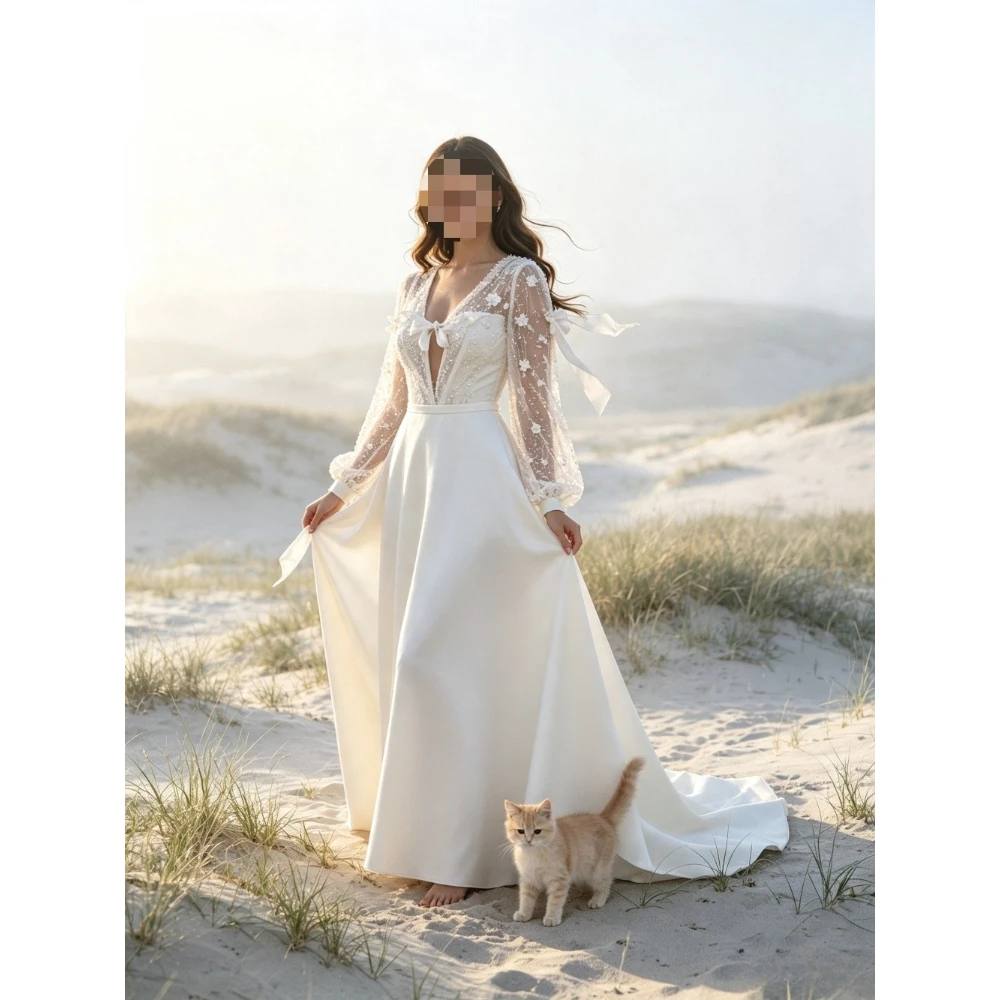 Customized Romantic Long Sleeved Deep V-neck Lace Corset Satin A-line Wedding Dress 2026 Elegant Trailing Ruffled Bridal Gown