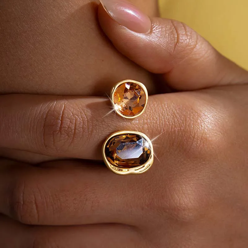 European and American Retro Metal Geometric Rhinestone Contrasting Open Rings For Women‘s Trendy Jewelry Finger Accessorioes