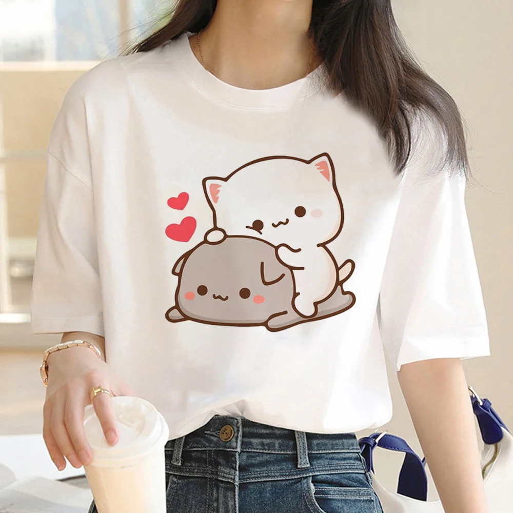 Peach And Goma Mochi Cat Love Print Tee women summer funny manga t-shirts female y2k Japanese clothing