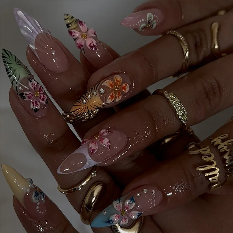 

24PCS Elegant Flower Almond Press on Nail Full Cover Amber Leopard Print Zebra Stripes French Fake Nails for Women Wearable Tips