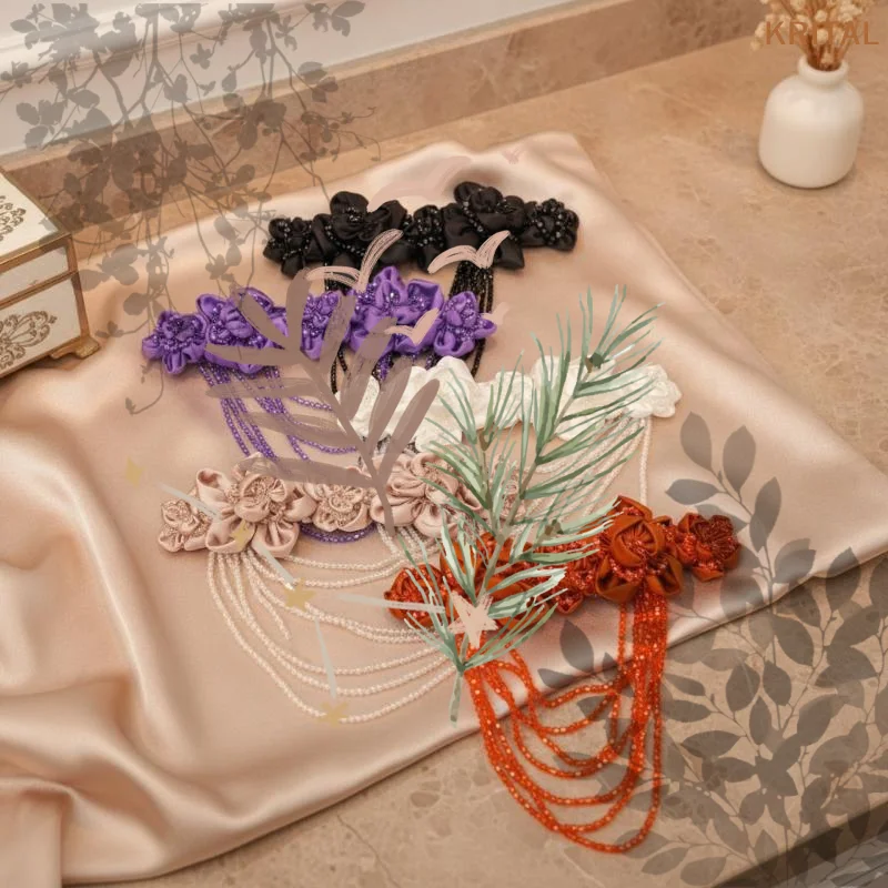 1Pcs Flash Crystal Tassel Chest: Flower Shoulder Patch NEW Bead Applique High Quality Satin Pleated Handmade 3D Flowers Tassel