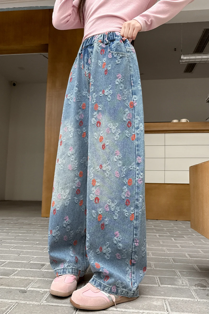 Mädchen-Jeans Frühling Herbst 2026 Orange Jacquard Weites Bein Jeans Hohe Taille Elastischer Bund Lässige Bequeme Kinderhose – Detail 10