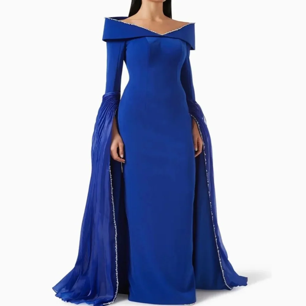 Jersey Draped Pleat Wedding Party A-line Off-the-shoulder Bespoke Occasion Gown Long Dresses