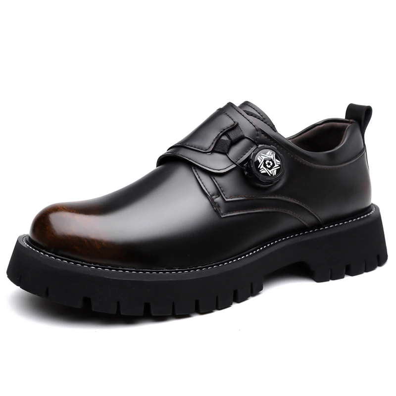 

Men's vintage workwear round toe slip-on knob leather shoes casual thick sole British style leather shoes